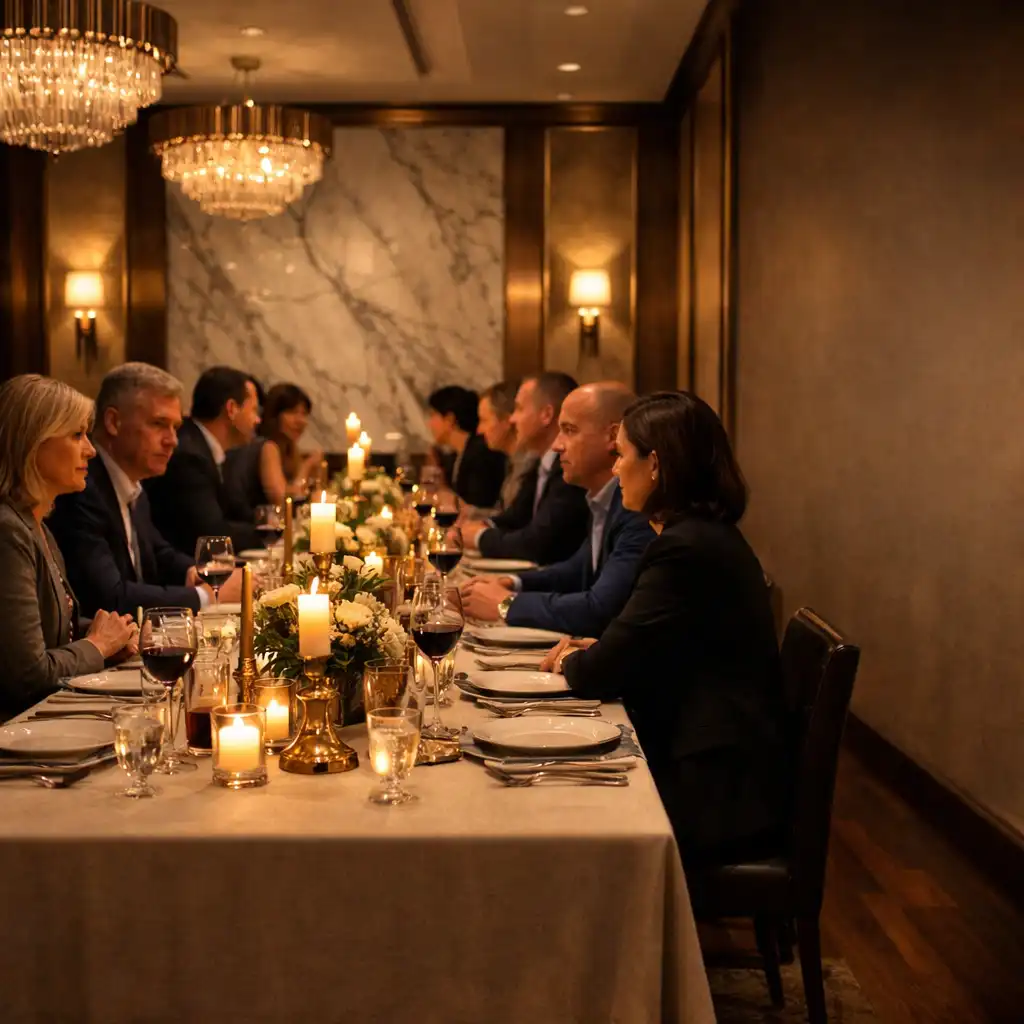 Elegant corporate dining room with professionals in conversation
