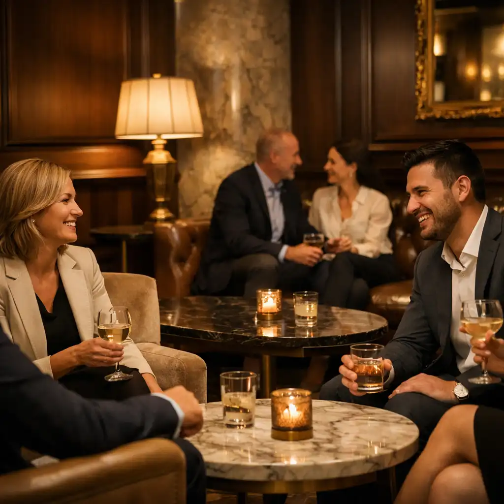 Professionals conversing in lounge setting