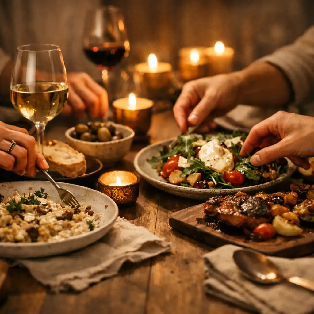 Shared dining table with guests interacting