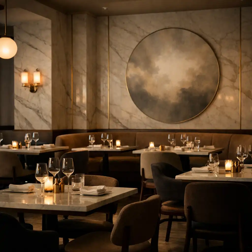 Softly lit restaurant interior before guests arrive