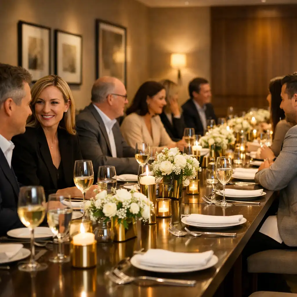 Corporate dining setup in elegant private salon