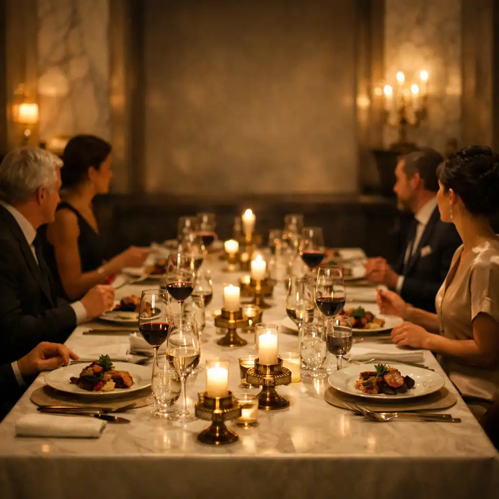 Elegant shared dining table in softly lit restaurant