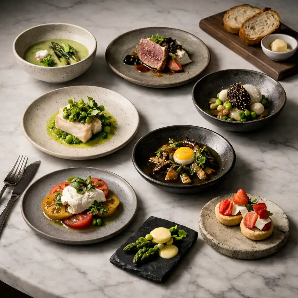 Seasonal tasting plates arranged on marble table