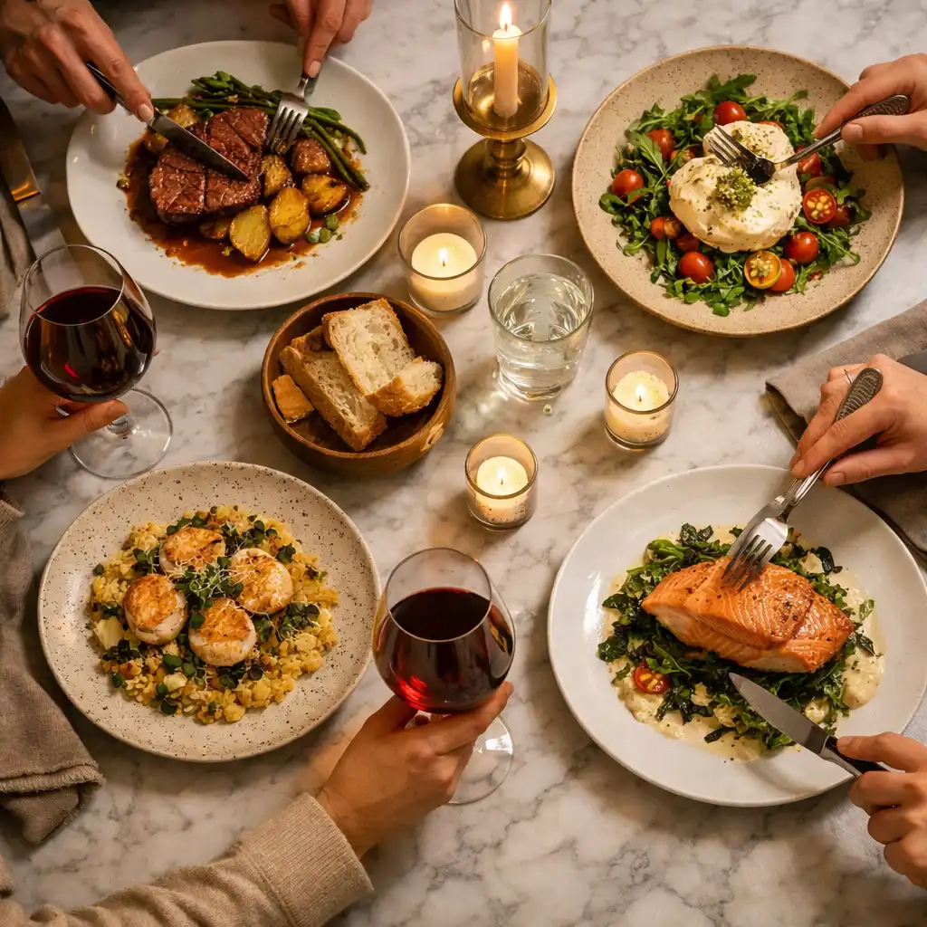 Shared dining table with plated dishes
