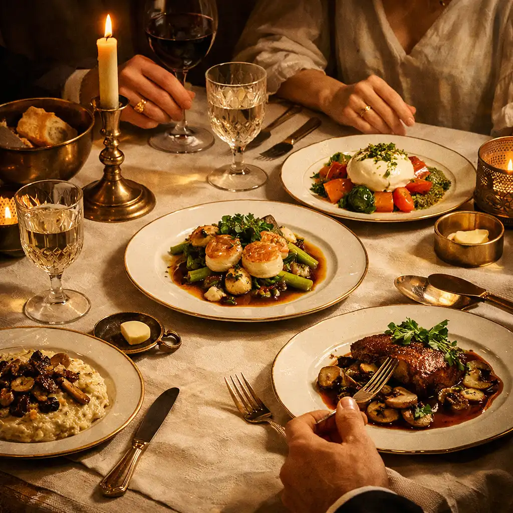 Refined dining table with plated dishes