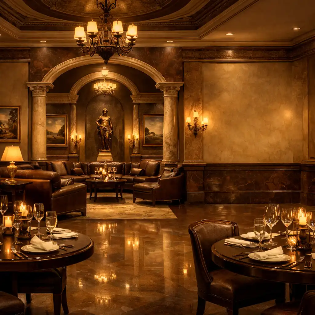 Elegant Velvet River Lounge interior with marble, bronze tones, and refined dining tables