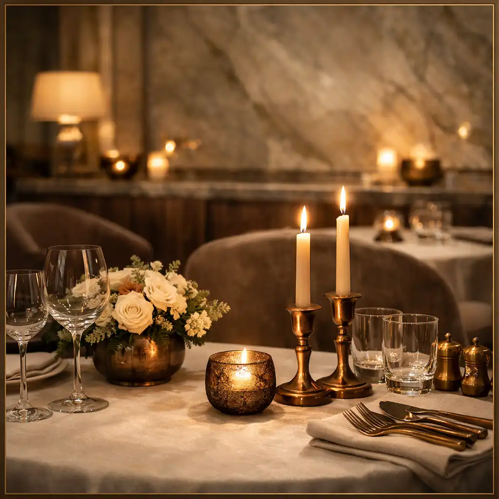 Refined dining ambience with candlelight and marble textures