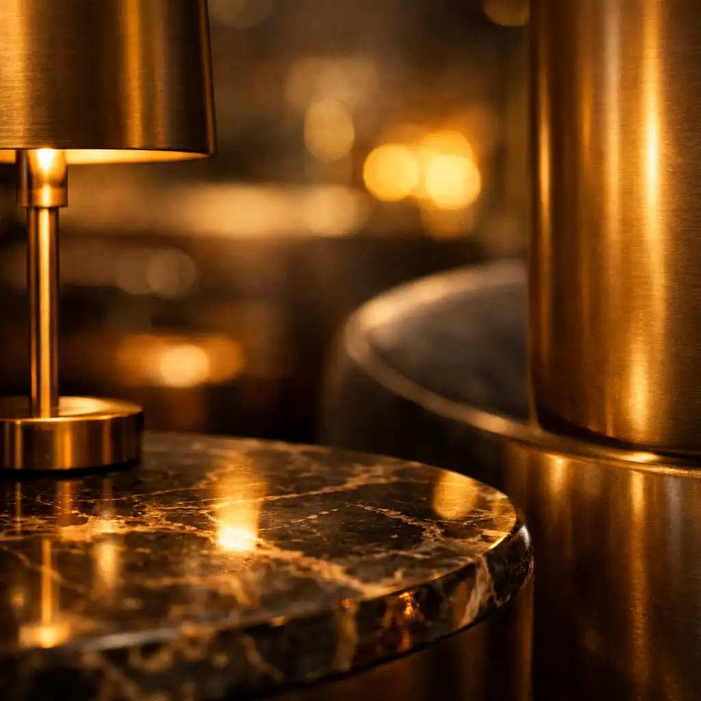Warm ambient lighting reflecting off marble and bronze surfaces