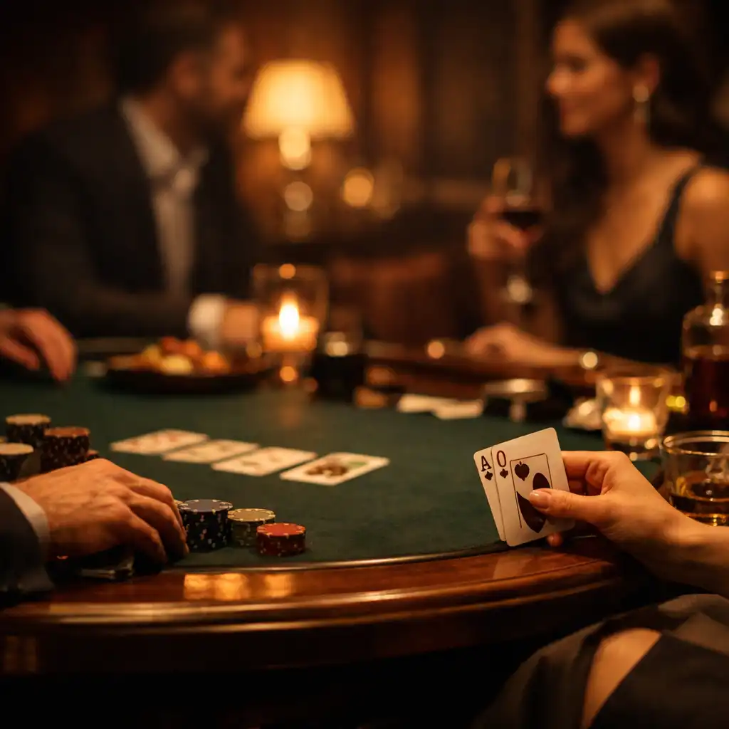 Elegant poker table scene in warm low lighting with guests in refined lounge setting