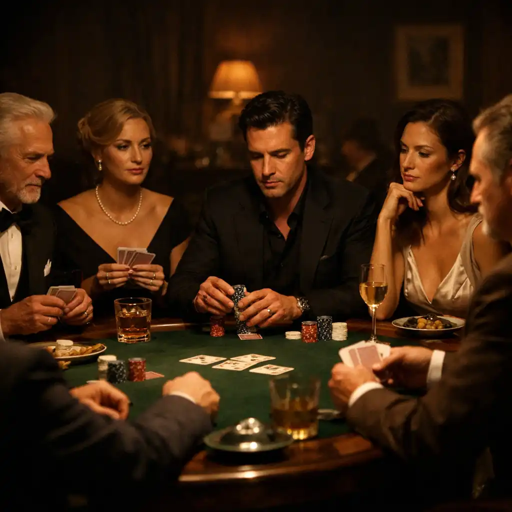 Refined poker evening with guests, warm lighting and dining elements