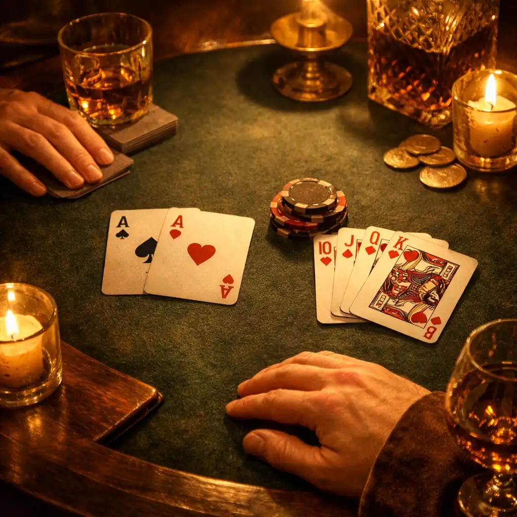 Close atmospheric poker table with warm candlelight and composed hands