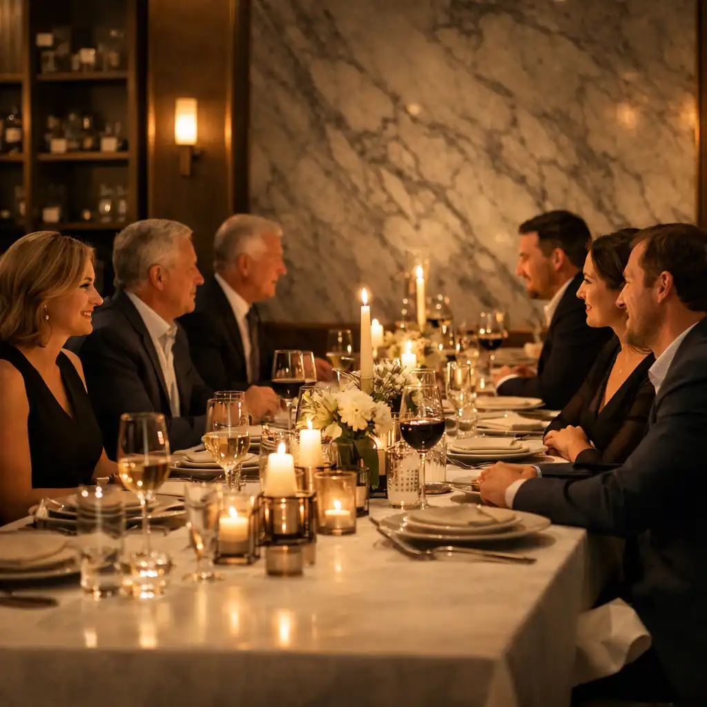 Elegant private dining table with guests in warm candlelight