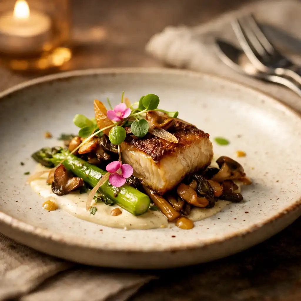 Fine dining plated course with elegant presentation