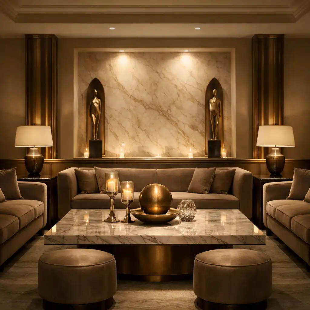 Warm lounge interior with marble and bronze details