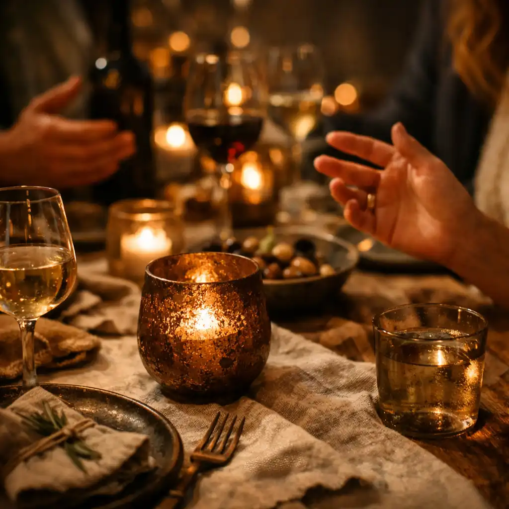 Close view of table textures and conversation in warm lighting